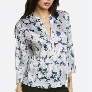 VINCE Top Lotus Pleated Floral Blue Pink Satin Oversized Blouse Plus Size 1X